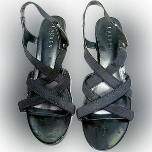 Ralph Lauren Women’s Black Patent Leather Strappy 3" Wedge Sandals Size 7B